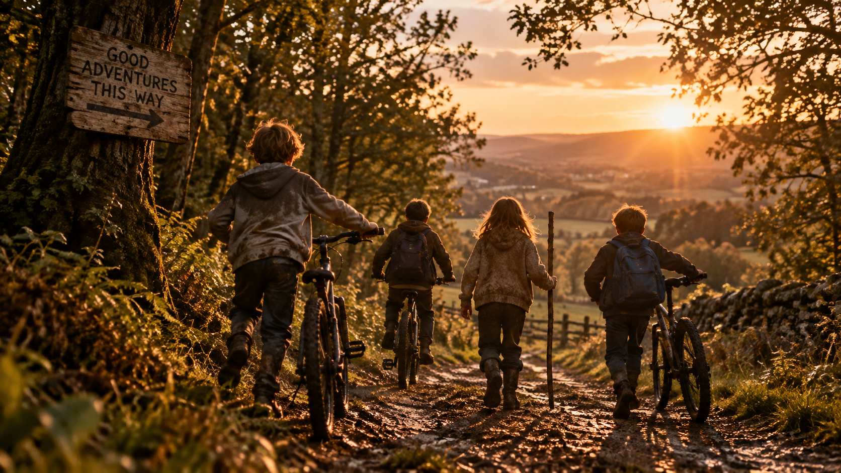 Children exploring a woodland trail with bikes at sunset, inspired by childhood outdoor adventures in Britain.