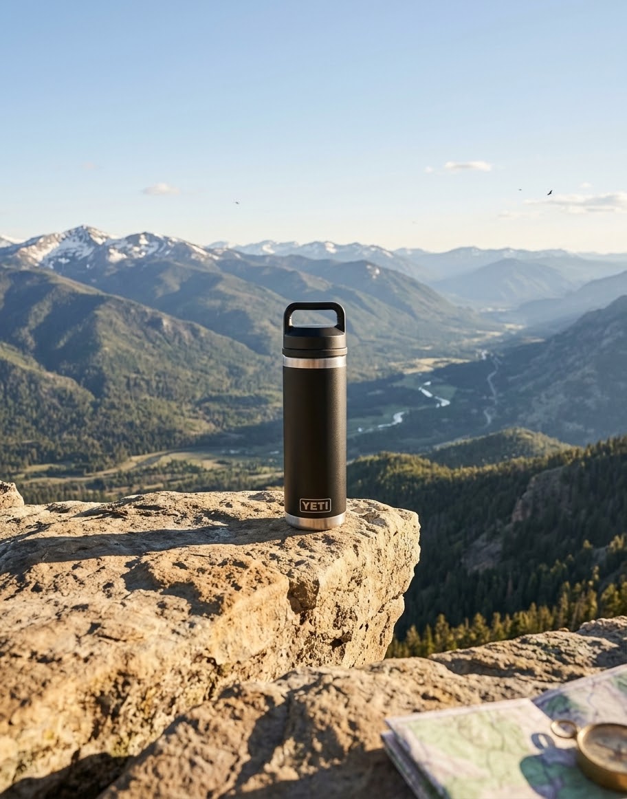 YETI Rambler 18oz insulated bottle on a rock ledge above a wide mountain valley