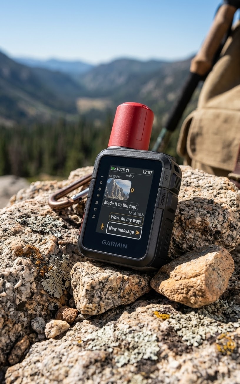 Garmin inReach Mini 3 satellite communicator clipped to a pack on a rocky mountain summit
