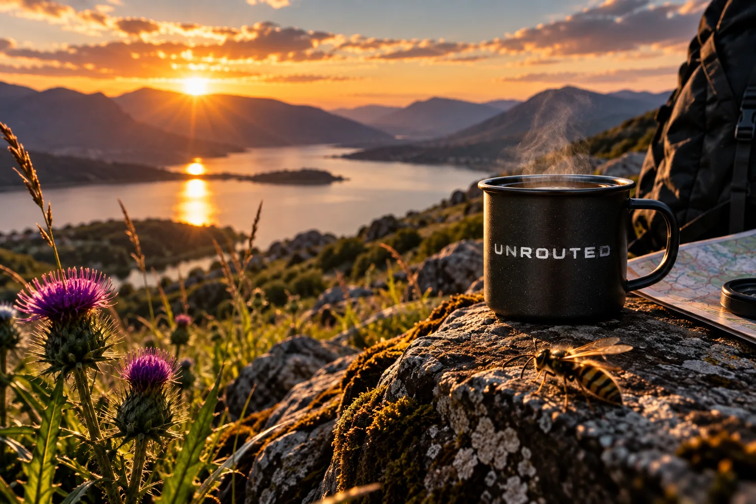 Wasp beside an UNROUTED camping mug overlooking a British mountain lake at sunset