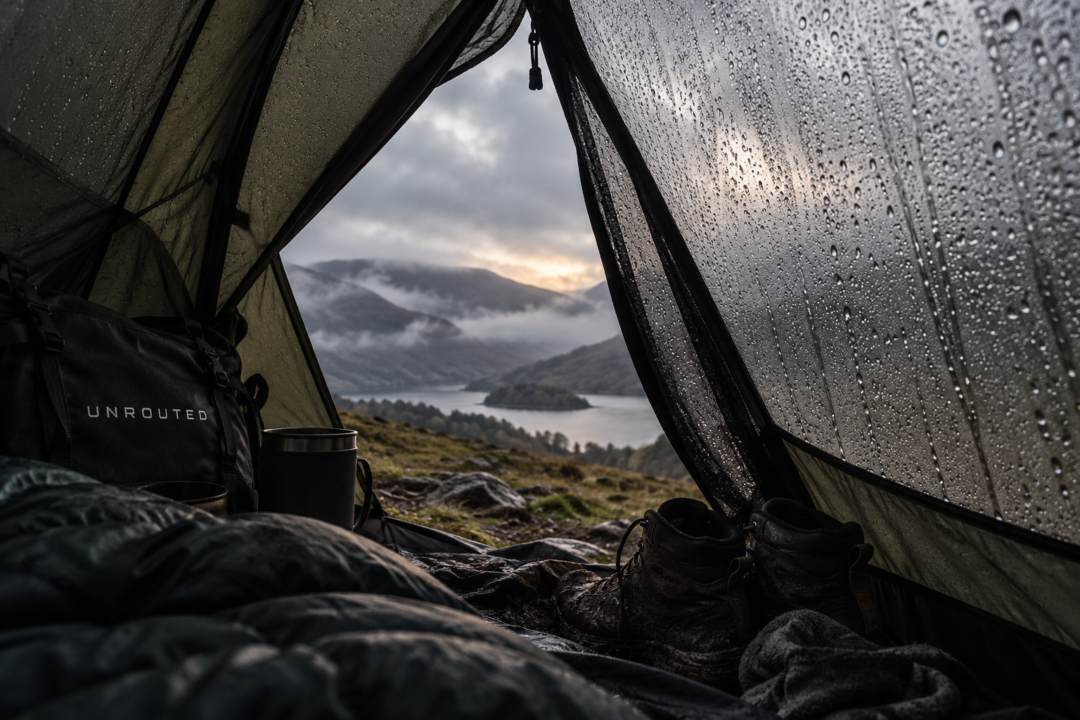 Condensation inside a camping tent overlooking the British countryside