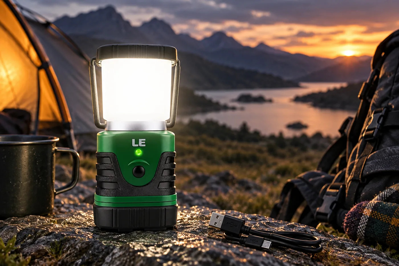 Rechargeable LED camping lantern lit beside a tent at dusk