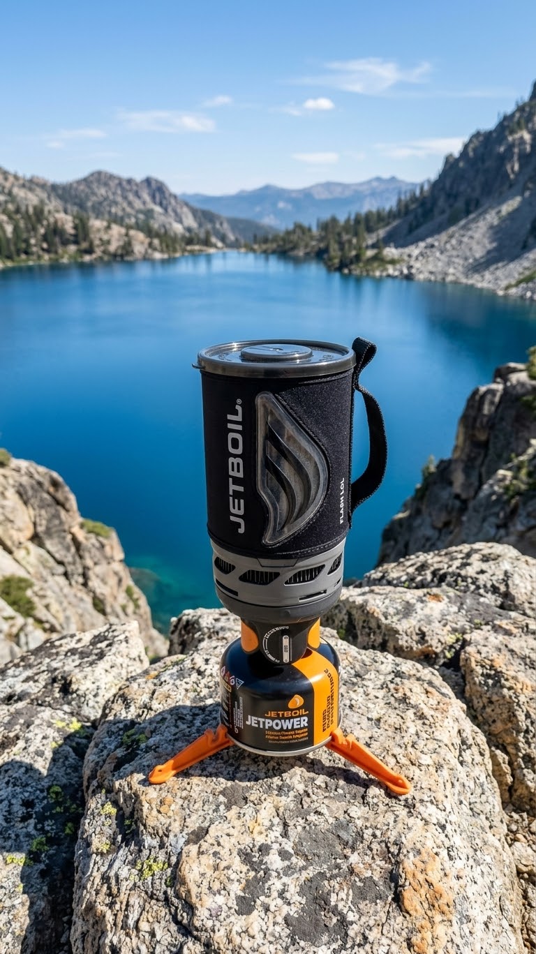 Jetboil Flash 1.0L cooking system set up on rock above a mountain lake