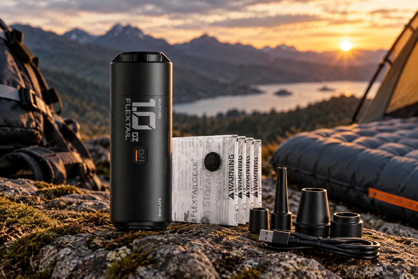 Small rechargeable camping pump with nozzles beside a sleeping mat at a mountain campsite