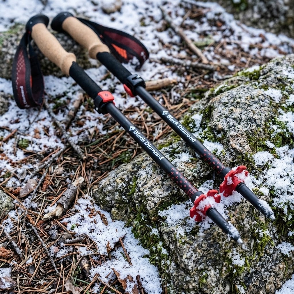 Black Diamond Pursuit Carbon Z trekking poles resting on snow-dusted mossy rock