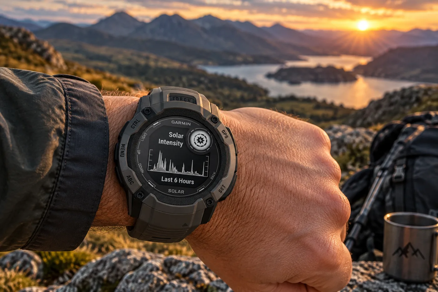 Rugged GPS outdoor watch worn on a wrist with hills behind