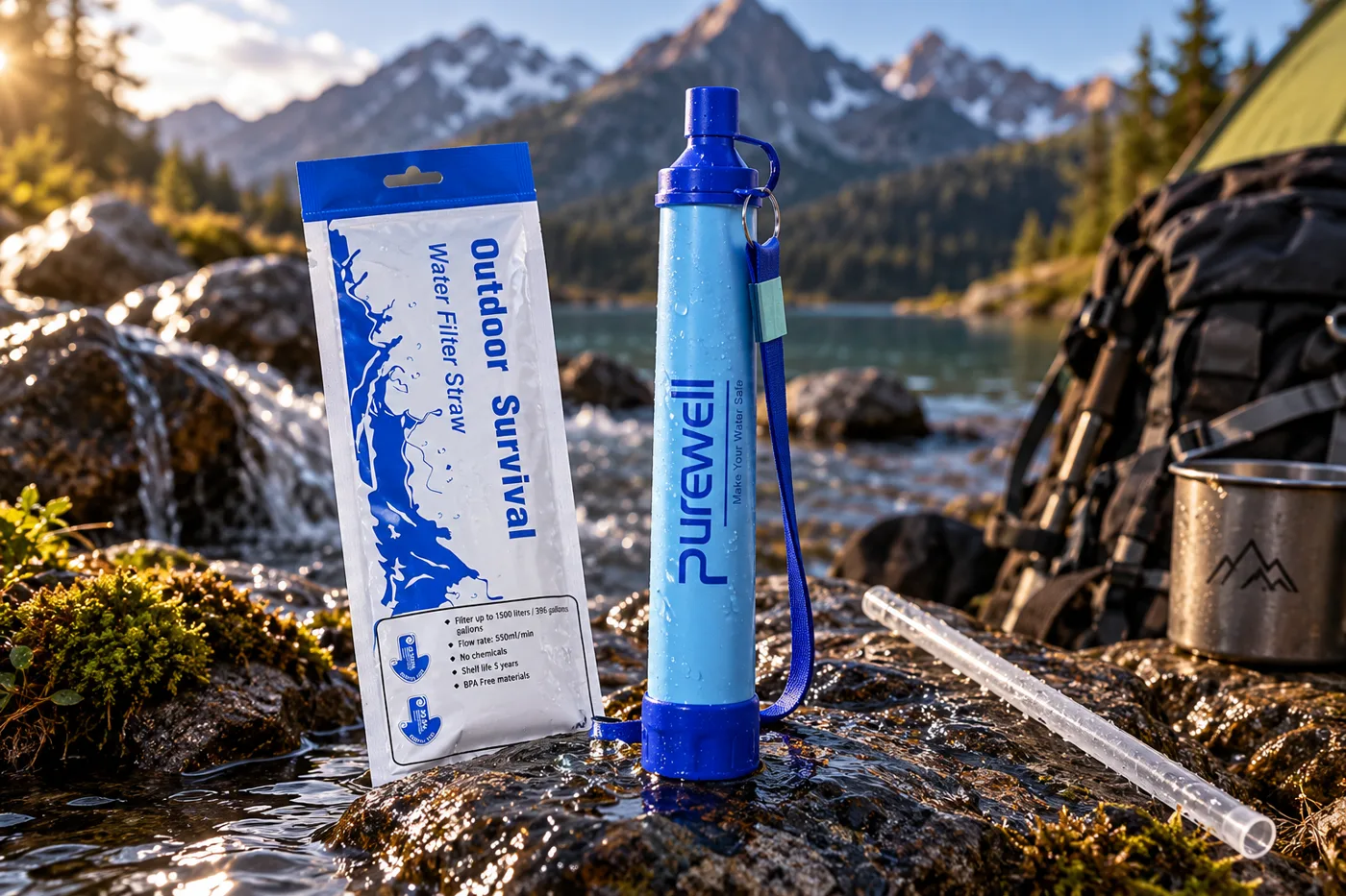 Portable water filter straw on rocks beside a mountain stream