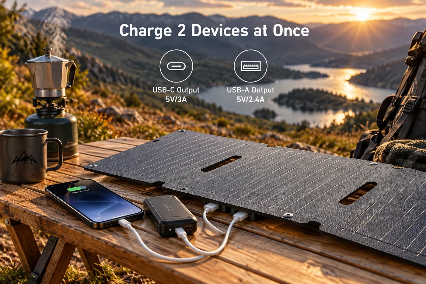 Folding portable solar panel charging a phone and power bank at a campsite table
