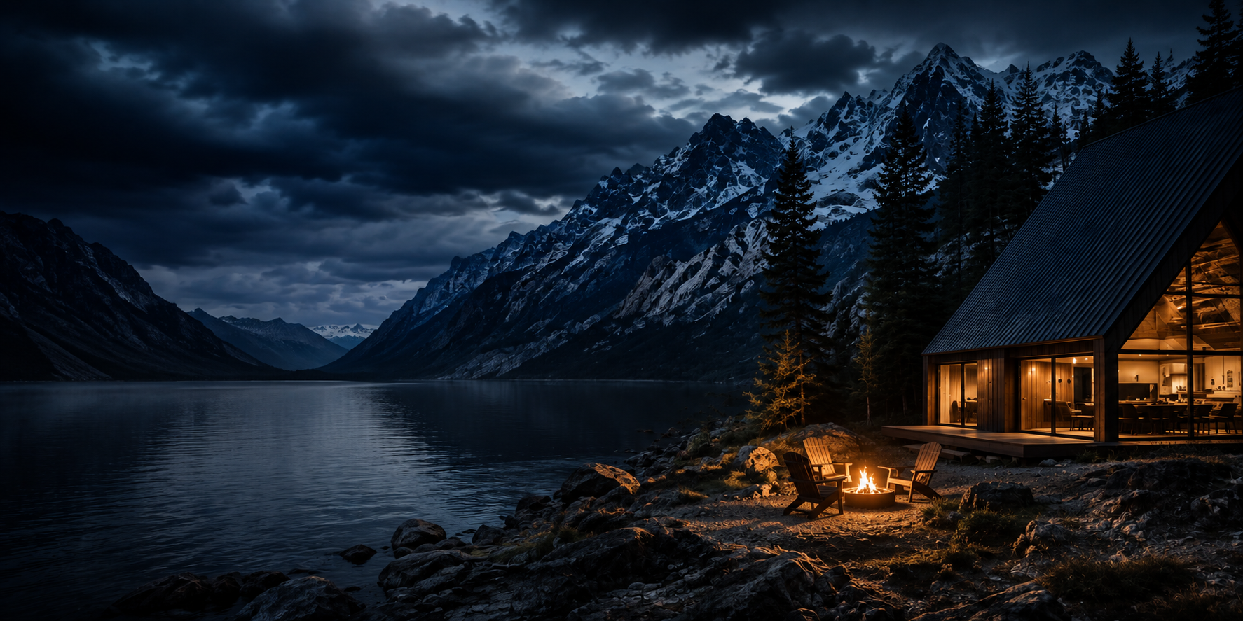 A remote lakeside cabin at night, warmly lit beside a fire pit, beneath snow-dusted mountains