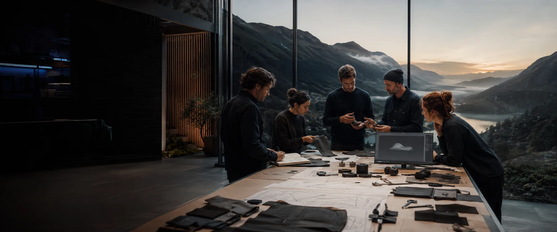 UNROUTED design and engineering team reviewing prototypes in a mountain-side studio