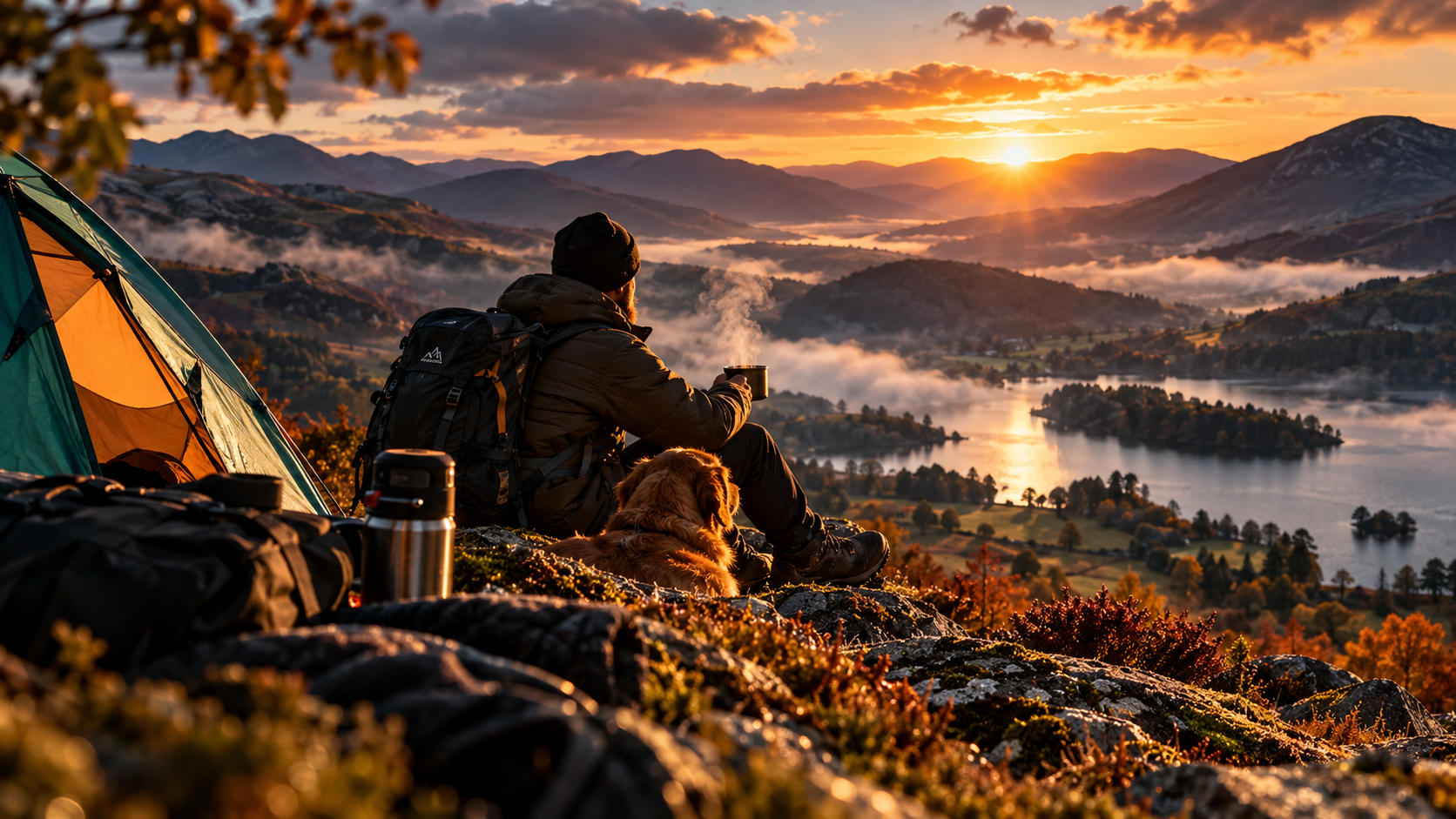 A hiker and his golden retriever sit beside a tent above a misty autumn lake at sunrise, holding a steaming mug