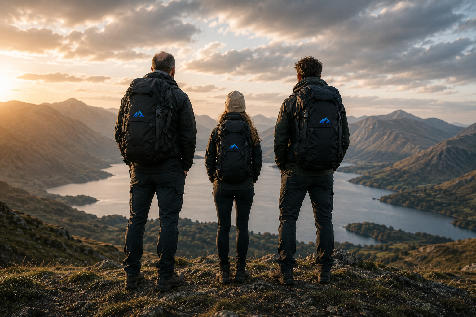 Three hikers with UNROUTED packs overlooking a mountain lake at sunset