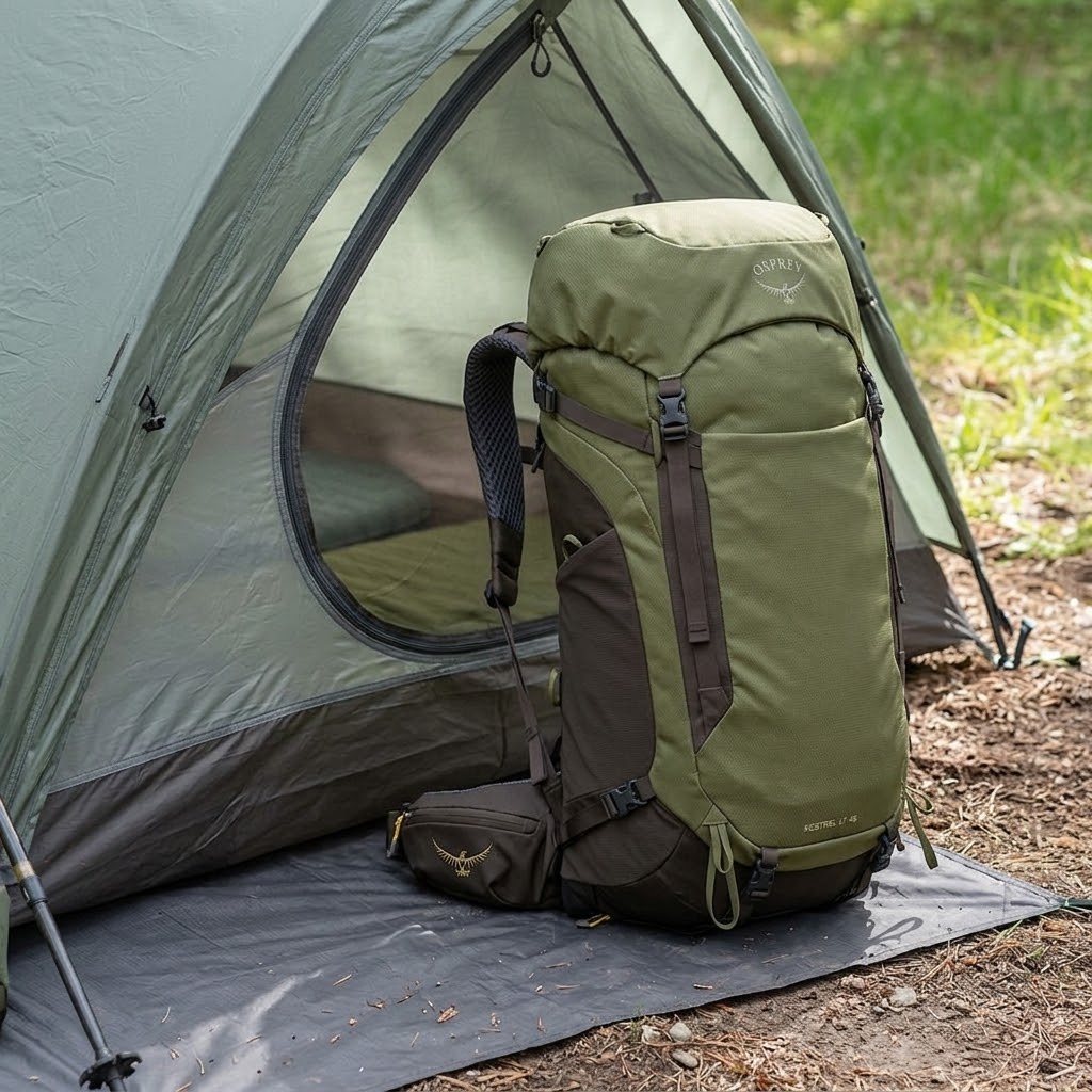 Osprey Kestrel LT 45 backpack standing outside a green tent at a woodland campsite