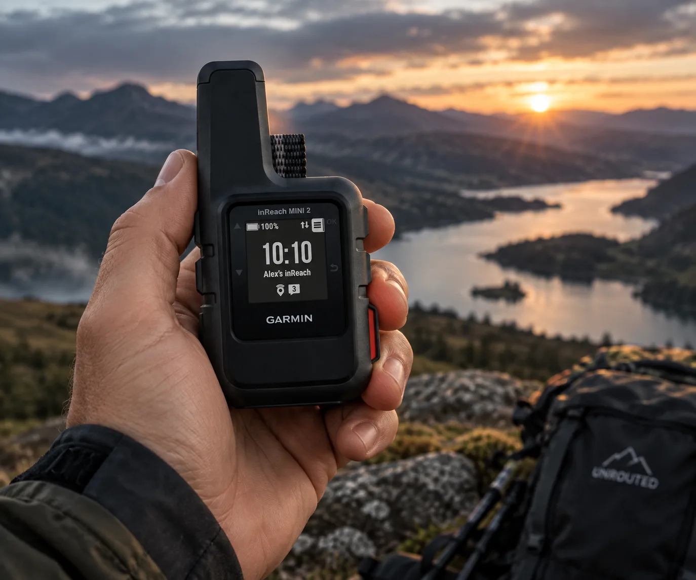 Compact satellite communicator held up above a British mountain lake at sunset
