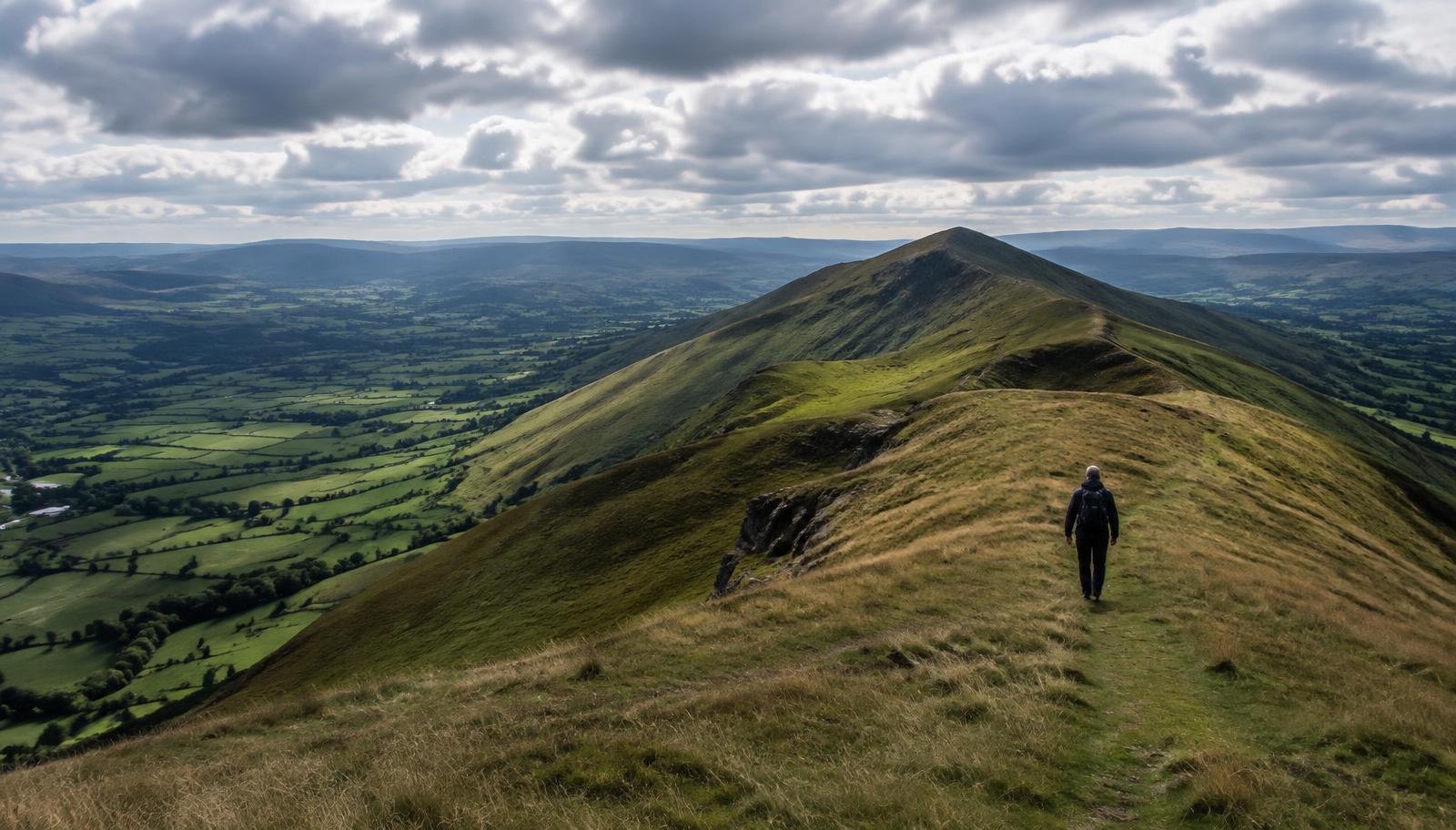 Walker on a grassy ridge above green valleys in the Black Mountains