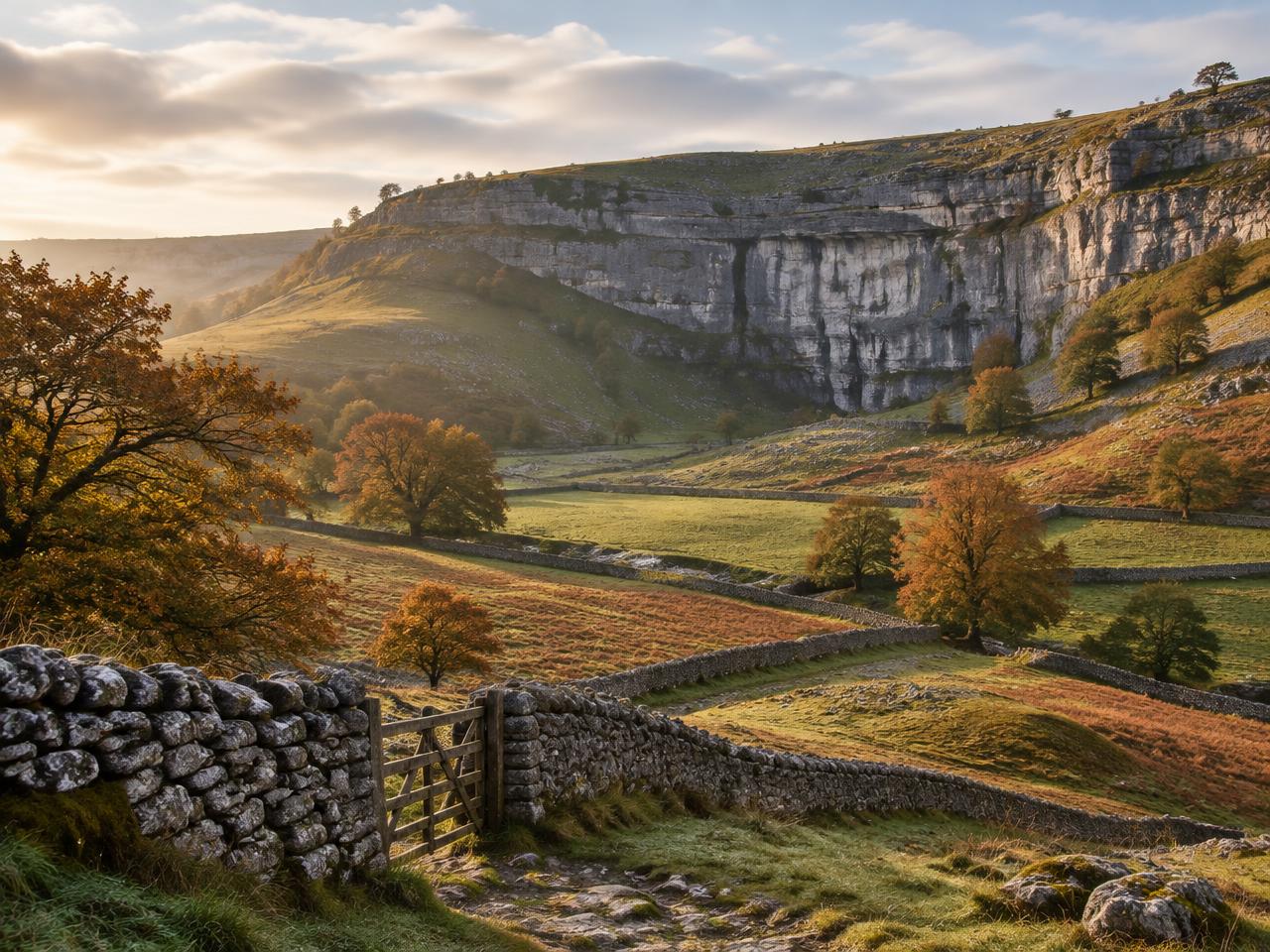 Malham Cove and dry stone walls in autumn