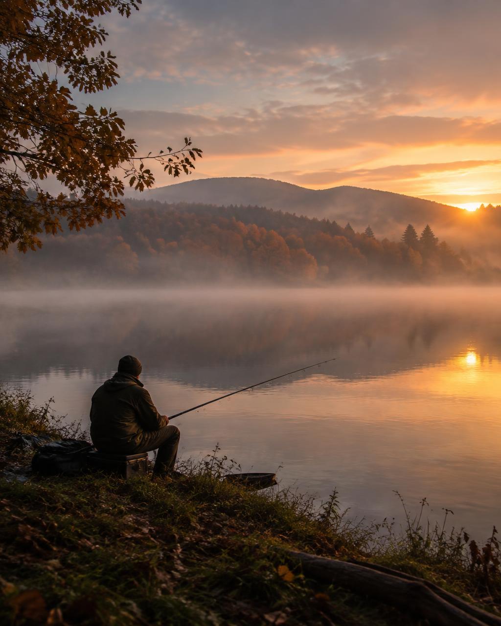 Angler fishing on a misty lake at dawn
