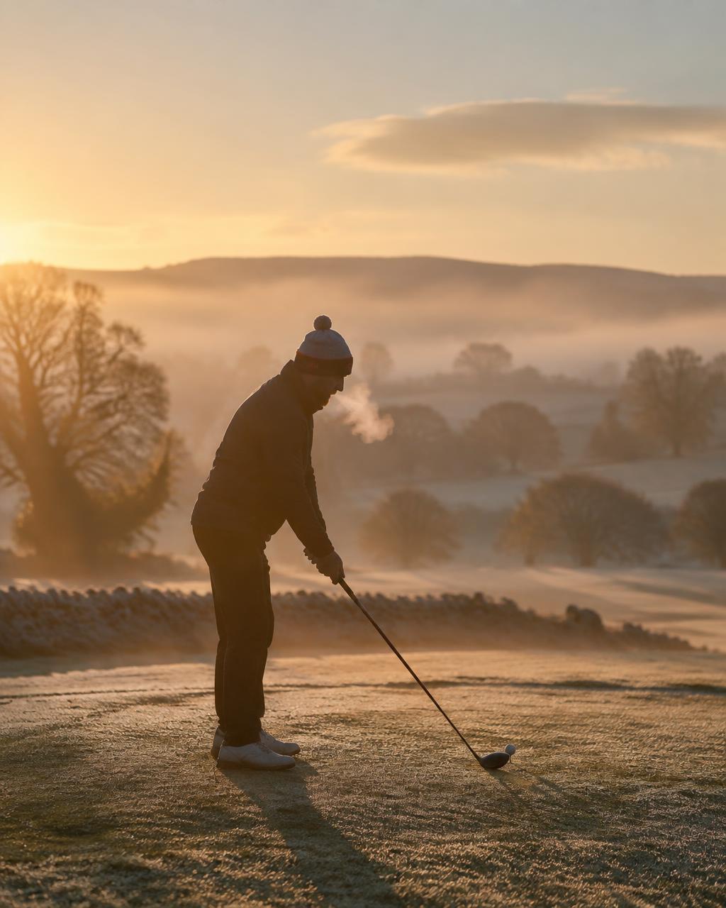 Golfer teeing off on a frosty course at sunrise