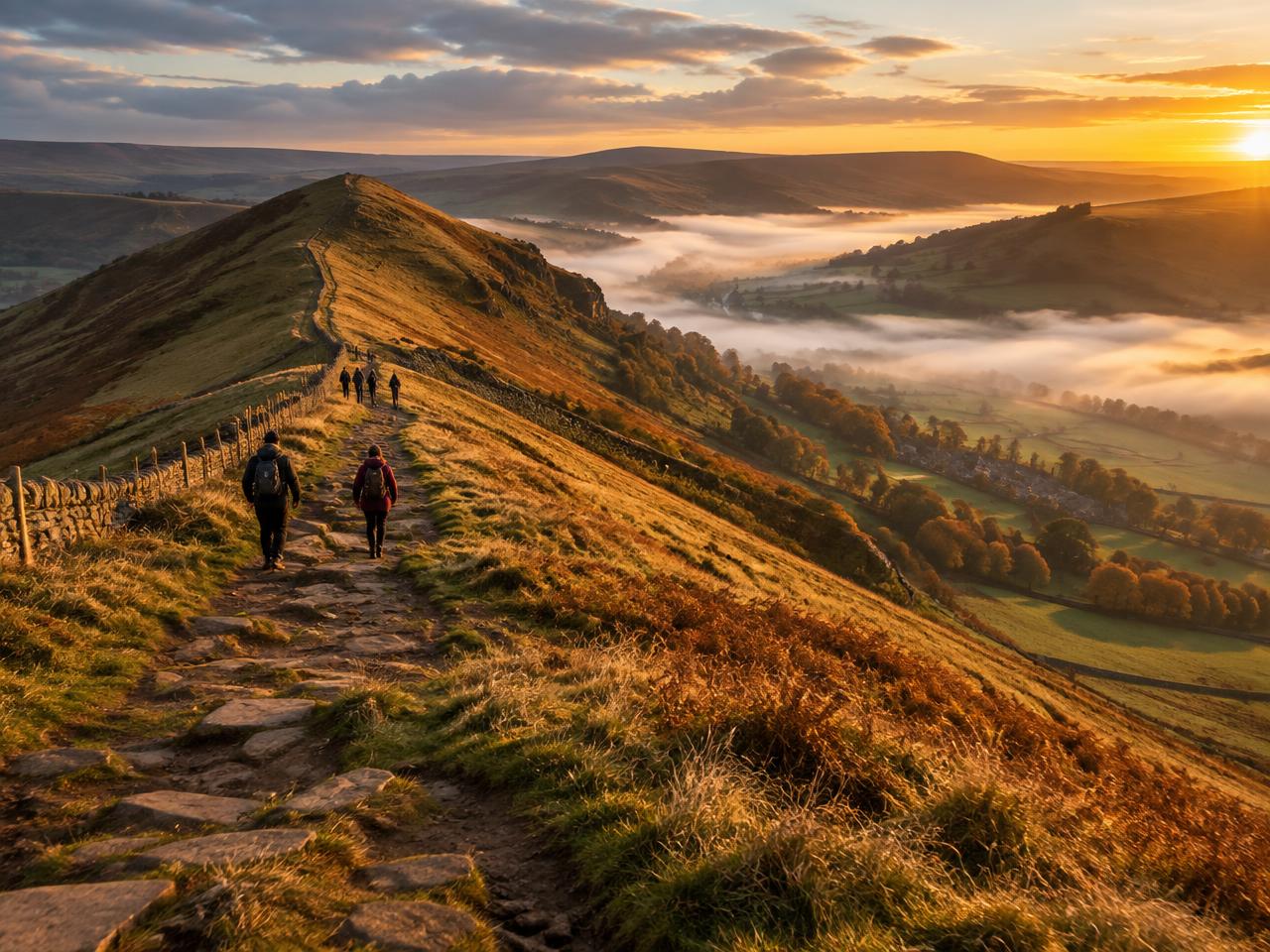 Walkers on the Mam Tor ridge above a misty Hope Valley
