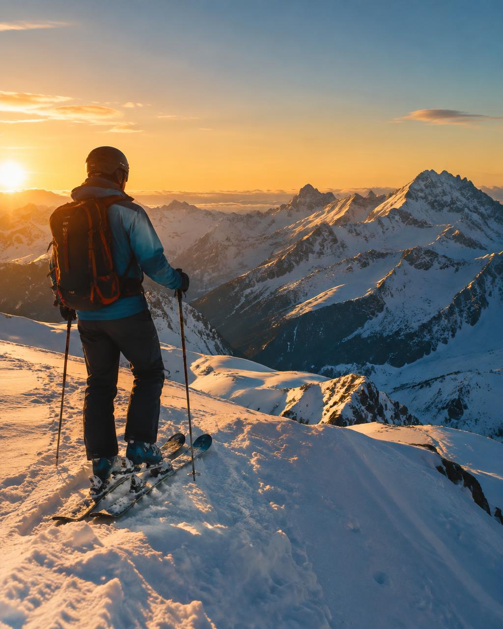 Skier on a snowy ridge at golden hour