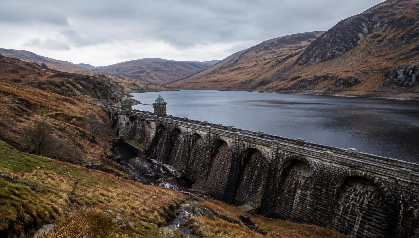 Victorian stone dam and reservoir in the Elan Valley, Mid Wales